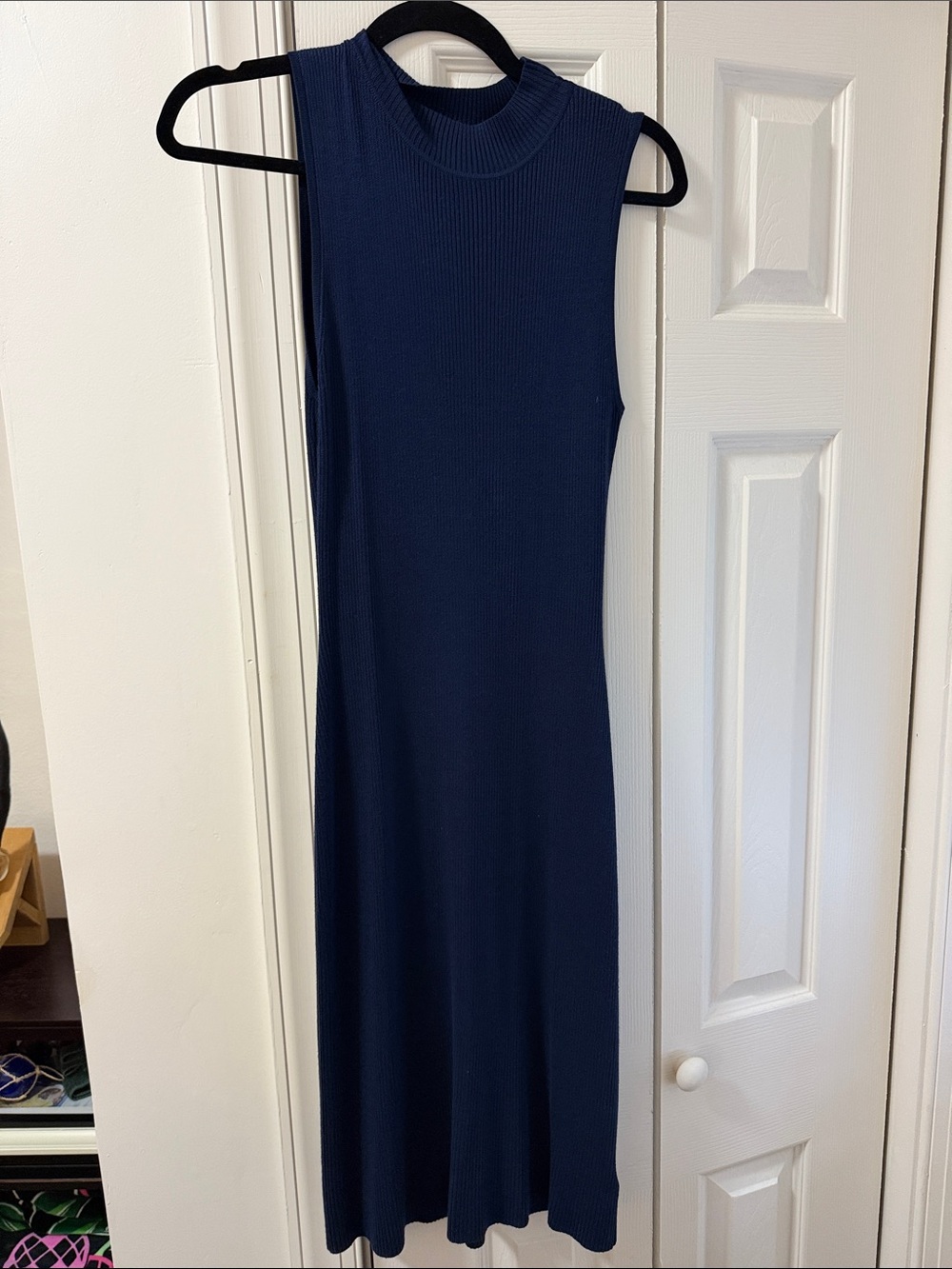 Sleeveless Navy Ribbed Knit Midi Dress